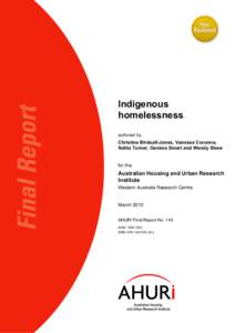 Indigenous homelessness authored by Christina Birdsall-Jones, Vanessa Corunna, Nalita Turner, Gemma Smart and Wendy Shaw