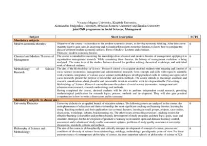 Vytautas Magnus University, Klaipėda University, Aleksandras Stulginskis University, Mykolas Romeris University and Šiauliai University joint PhD programme in Social Sciences, Management Subject Mandatory subjects Mode