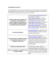 Student Right to Know Act The Student Right to Know Act, 34 C.F.R. 668, requires that institutions receiving Title IV funding disclose certain information to current and potential students and employees. This chart was c