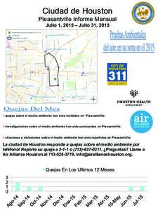 Ciudad de Houston Pleasantville Informe Mensual Julio 1, 2015 – Julio 31, quejas sobre el medio ambiente han sido recibidas en Pleasantville. 0 investigaciones sobre el medio ambiente han sido conducidas en Plea