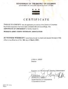 GOVERNMENT OF THE DISTRICT OF COLUMBIA DEPARTMENT OF CONSUMER AND REGULATORY AFFAIRS  CERTIFICATE