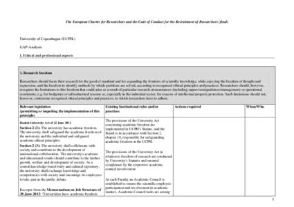 The European Charter for Researchers and the Code of Conduct for the Recruitment of Researchers (final)  University of Copenhagen (UCPH.) GAP-Analysis I. Ethical and professional aspects