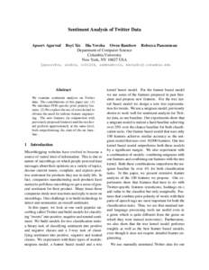 Sentiment Analysis of Twitter Data Apoorv Agarwal Boyi Xie Ilia Vovsha Owen Rambow Department of Computer Science Columbia University