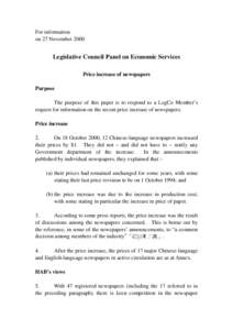 For information on 27 November 2000 Legislative Council Panel on Economic Services Price increase of newspapers Purpose