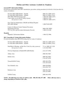 Hotlines and Other Assistance Available by Telephone General HIV Information Hotlines Provide basic information about HIV transmission, prevention, testing procedures & referrals to local providers by county of residence