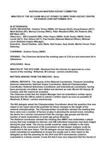 AUSTRALIAN MASTERS HOCKEY COMMITTEE MINUTES OF THE 2013 AGM HELD AT SYDNEY OLYMPIC PARK HOCKEY CENTRE ON SUNDAY 22ND SEPTEMBER 2013 IN ATTENDANCE: STATE DELEGATES - Andrew Terrey (NSW), Gil Voysey (QLD), Doug Dawson (ACT