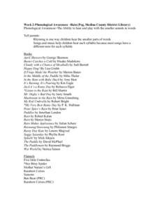 Week 2-Phonological Awareness –Rain (Peg, Medina County District Library) Phonological Awareness=The Ability to hear and play with the smaller sounds in words Tell parents: Rhyming is one way children hear the smaller 