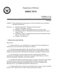 Disaster preparedness / Military Vaccine Agency / Health / Assistant Secretary of Defense for Health Affairs / Office of the Secretary of Defense / Assistant Secretary of Defense for Public Affairs / Vaccine / Immunization / National Center for Immunization and Respiratory Diseases / Vaccination / Medicine / Biology