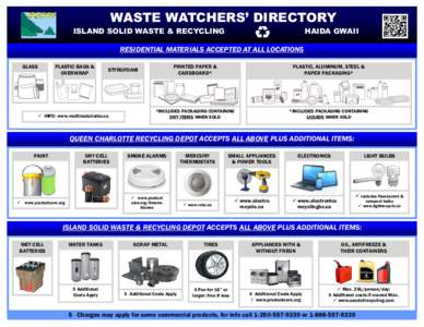 WASTE WATCHERS’ DIRECTORY ISLAND SOLID WASTE & RECYCLING HAIDA GWAII  RESIDENTIAL MATERIALS ACCEPTED AT ALL LOCATIONS