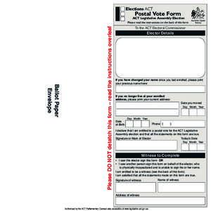 Elections ACT  Postal Vote Form ACT Legislative Assembly Election  Ballot Paper