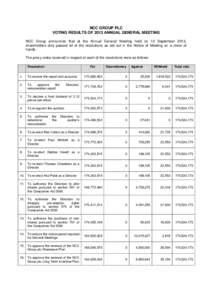 NCC GROUP PLC VOTING RESULTS OF 2013 ANNUAL GENERAL MEETING NCC Group announces that at the Annual General Meeting held on 12 September 2013, shareholders duly passed all of the resolutions as set out in the Notice of Me