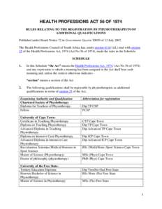 HEALTH PROFESSIONS ACT 56 OF 1974 RULES RELATING TO THE REGISTRATION BY PHYSIOTHERAPISTS OF ADDITIONAL QUALIFICATIONS Published under Board Notice 72 in Government Gazetteof 13 JulyThe Health Professions Co