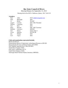 Bay State Council of Divers Meeting Minutes for September 12, 2012 Meeting held at the SSN’s Clubhouse, Quincy, MA 7:40-9:20 Attendees: Paul John