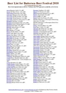 Beer List for Battersea Beer Festival 2010 Last Updated 09 February 2010 Beers listed alphabetically by Brewer - Inclusion does NOT guarantee availability at the festival. Acorn Barnsley Gold 4.3% ABV Acorn Old Moor Port