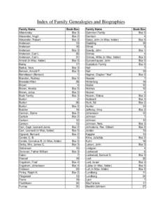 Index of Family Genealogies and Biographies Family Name Alberovsky Alexander, Hugh Alexander, Robert Anderson