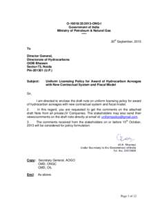 O[removed]ONG-I Government of India Ministry of Petroleum & Natural Gas **** 20th September, 2013 To