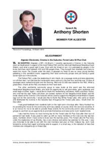 Speech By  Anthony Shorten MEMBER FOR ALGESTER  Record of Proceedings, 18 March 2014