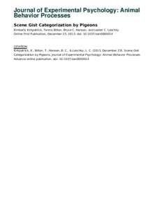 Journal of Experimental Psychology: Animal Behavior Processes Scene Gist Categorization by Pigeons Kimberly Kirkpatrick, Tannis Bilton, Bruce C. Hansen, and Lester C. Loschky Online First Publication, December 23, 2013. 