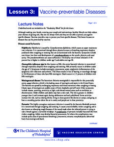 Lesson 3: Vaccine-preventable Diseases Lecture Notes Page 1 of 4  Underlined words are included on the “Vocabulary Words” list for this lesson.