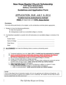 New Hope Baptist Church Scholarship 10 Dr. Aaron Samuels Blvd. Danbury, Connecticut[removed]Guidelines and Application Form
