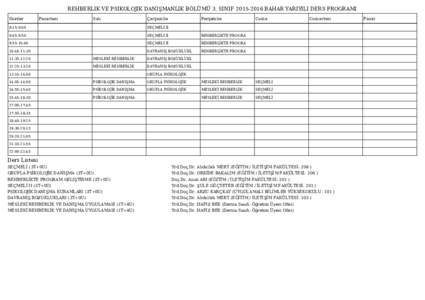 REHBERLIK VE PSIKOLOJIK DANIŞMANLIK BÖLÜMÜ 3. SINIFBAHAR YARIYILI DERS PROGRAMI Saatler Pazartesi  Salı