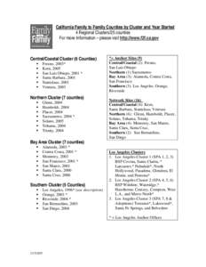 California Family to Family Counties by Cluster and Year Started 4 Regional Clusters/25 counties For more Information – please visit http://www.f2f.ca.gov Central/Coastal Cluster (6 Counties) Fresno, 2003*