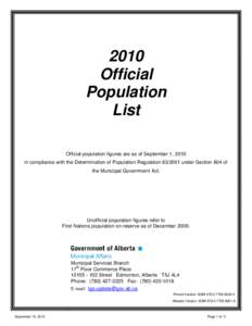 2010 Official Population List Official population figures are as of September 1, 2010 in compliance with the Determination of Population Regulation[removed]under Section 604 of