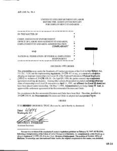 N S LMS No[removed]UNITED STATES DEPARTMENT OF LABOR BEFORE THE ASSISTANT SECRETARY FOR EMPLOYMENT STANDARDS .  IN THE MATTER OF