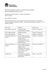 Nacionalni program testiranja – iz pismenosti i računanja Datumi održavanja testova u[removed]National Assessment Program - Literacy and Numeracy 2015 Test Dates Dragi roditelju ili staratelju Datumi održavanja testov