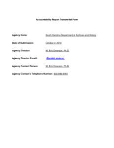 Accountability Report Transmittal Form  Agency Name: South Carolina Department of Archives and History