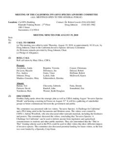 MEETING OF THE CALIFORNIA INVASIVE SPECIES ADVISORY COMMITTEE (ALL MEETINGS OPEN TO THE GENERAL PUBLIC) Location: Cal-EPA Building Klamath Training Room – 2nd Floor 1001 I Street Sacramento, CA 95814