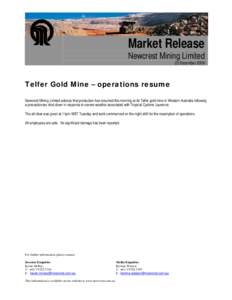 Microsoft Word - Market release - Telfer Gold Mine operations resume[removed]doc