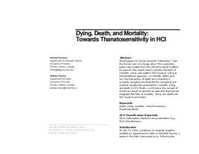 Dying, Death, and Mortality: Towards Thanatosensitivity in HCI Michael Massimi