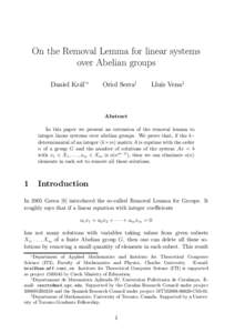 On the Removal Lemma for linear systems over Abelian groups Daniel Král’∗ Oriol Serra†