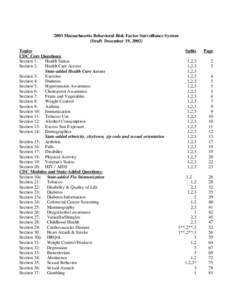 2003 Massachusetts Behavioral Risk Factor Surveillance System (Draft December 19, 2002) Topics CDC Core Questions: Section 1: Health Status