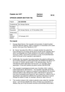 Patents Act 1977 OPINION UNDER SECTION 74A Patent GB[removed]