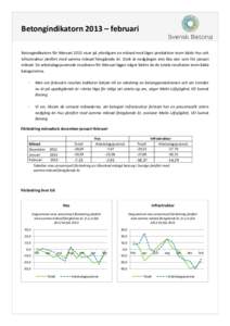 Betongindikatorn 2013 – februari Betongindikatorn för februari 2013 visar på ytterligare en månad med lägre produktion inom både Hus och Infrastruktur jämfört med samma månad föregående år. Dock är nedgång