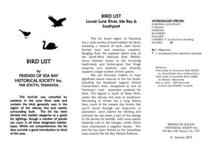 BIRD LIST  Lower Lune River, Ida Bay & Southport  BIRD LIST