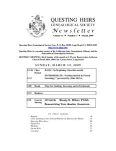 QUESTING HEIRS GENEALOGICAL SOCIETY N e w s l e tt e r Volume 42  Number 3  March 2009