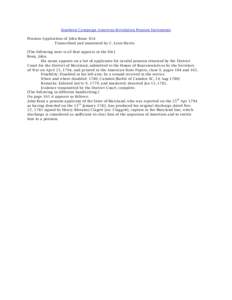 Southern Campaign American Revolution Pension Statements Pension Application of John Bean: X54 Transcribed and annotated by C. Leon Harris [The following note is all that appears in the file.] Bean, John His name appears