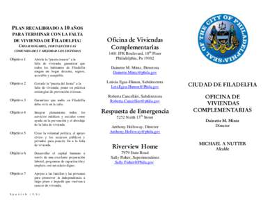 PLAN RECALIBRADO A 10 AÑOS PARA TERMINAR CON LA FALTA DE VIVIENDA DE FILADELFIA: CREAR HOGARES, FORTALECER LAS COMUNIDADES Y MEJORAR LOS SISTEMAS