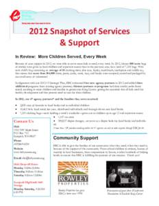 2012 Snapshot of Services & Support In Review: More Children Served, Every Week Because of your support in 2012, we were able to serve more kids in need, every week. In 2012, almost 800 more bags of clothes were given to