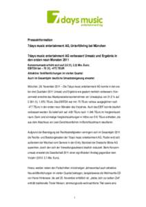 Presseinformation 7days music entertainment AG, Unterföhring bei München 7days music entertainment AG verbessert Umsatz und Ergebnis in den ersten neun Monaten 2011 Konzernumsatz erhöht sich auf 2,6 (Vj. 2,0) Mio. Eur