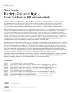 A[removed]Revised)  North Dakota Barley, Oat and Rye Variety Trial Results for 2011 and Selection Guide