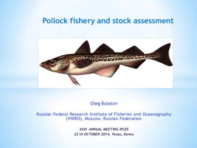 Pollock fishery and stock assessment  Oleg Bulatov Russian Federal Research Institute of Fisheries and Oceanography (VNIRO), Moscow, Russian Federation XXIII ANNUAL MEETING PICES