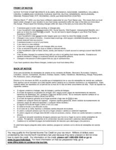 FRONT OF NOTICE NOTICE TO FOOD STAMP RECIPIENTS IN BLADEN, BRUNSWICK, BUNCOMBE, CABARRUS, COLUMBUS, CRAVEN, CUMBERLAND, DAVIDSON, DURHAM, GASTON, HALIFAX, HENDERSON, MECKLENBURG, ORANGE, PASQUOTANK, PITT, RICHMOND, UNION