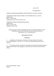 12 June 1998 ENGLISH ONLY UNITED NATIONS FRAMEWORK CONVENTION ON CLIMATE CHANGE SUBSIDIARY BODY FOR SCIENTIFIC AND TECHNOLOGICAL ADVICE Eighth session Bonn, 2-12 June 1998