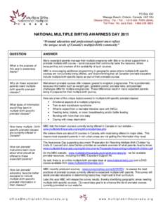 PO Box 432 Wasaga Beach, Ontario, Canada L9Z 1A4 Ottawa Office : Tel. / Tél. : [removed]TWIN[removed]Toll Free / No. sans frais : [removed]NATIONAL MULTIPLE BIRTHS AWARNESS DAY 2011