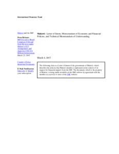 Malawi:  Letter of Intent, Memorandum of Economic and Financial Policies, and Technical Memorandum of Understanding, March 4, 2015