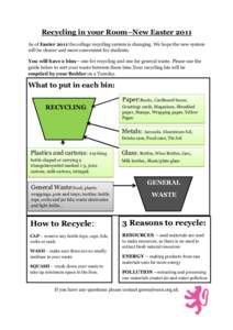 Recycling in your Room–New Easter 2011 As of Easter 2011 the college recycling system is changing. We hope the new system will be clearer and more convenient for students. You will have 2 bins– one for recycling and 